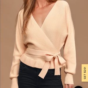 Lulus “Sweet and Sophisticated Beige Knit Faux-Wrap Sweater”